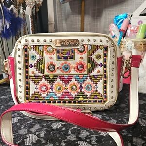 Nicole Lee White Crossbody Bag with Pink Strap and Multicolor Embroidery